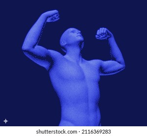 Champion raising both hands in the air as a true winner. Victory and freedom. Strong man raising hands up. Sport symbol. Leadership or workout bodybuilding concept. Vector illustration.