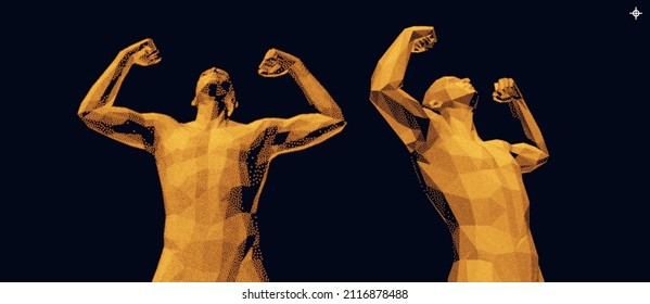 Champion raising both hands in the air as a true winner. Victory and freedom. Strong man raising hands up. Sport symbol. Leadership or workout bodybuilding concept. Vector illustration.