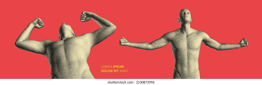 Champion raising both hands in the air as a true winner. Victory and freedom. Strong man raising hands up. Sport symbol. Leadership or workout bodybuilding concept. Vector illustration.