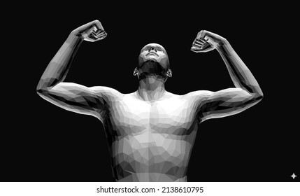 Champion raising both hands in the air as a true winner. Victory and freedom. Strong man raising hands up. Sport symbol. Leadership or workout bodybuilding concept. Vector illustration.