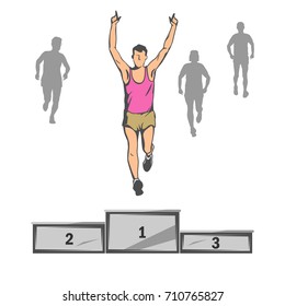 
champion runs first. Before him stands a pedestal for the first, second and third places.many athletes are behind