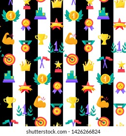 Champion seamless color vector pattern. Winner trophies, medals, rewards, prizes striped background