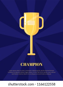 Champion shiny award, goblet with handles and label isolated on blue, rewarding icon, poster in cartoon style. Golden trophy cup vector illustration