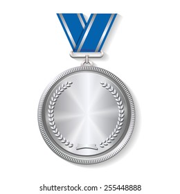 Champion Silver Medal With  With A Concentric Circle Texture Pattern And Ribbon  Vector Illustration On White Background