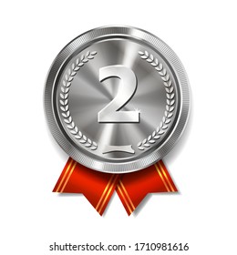 Champion silver medal with red ribbon on white background. Metallic winner award. Second place, 2nd place realistic medal vector.