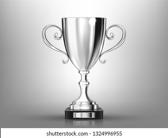 Champion silver trophy on gray background. Realistic vector illustration