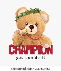 champion slogan with bear doll holding gold medal vector illustration