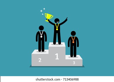 Champion standing on a podium with first and second runner up. Vector artwork depicts champion, winner, triumph, and greatest.