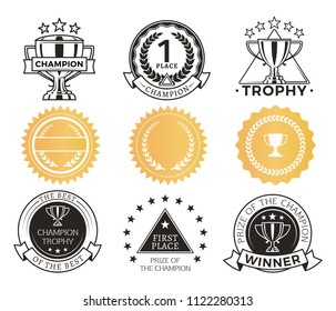 Champion stickers collection, first place winner awards, banners and empty templates, rounded shapes of awards colorless set, vector illustration