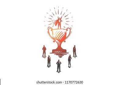 Champion, success, victory, businessman, super hero concept. Hand drawn winner super hero standing on cup concept sketch. Isolated vector illustration.