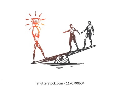 Champion, success, victory, HCI, automation, technology concept. Hand drawn robot with winners cup concept sketch. Isolated vector illustration