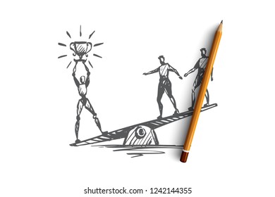 Champion, success, victory, HCI, automation, technology concept. Hand drawn robot with winners cup concept sketch. Isolated vector illustration