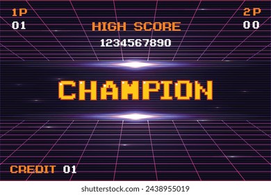 " champion " Synthwave wireframe net illustration. pixel art .8 bit game. retro game. for game assets .Retro Futurism Sci-Fi Background. glowing neon grid. and stars.