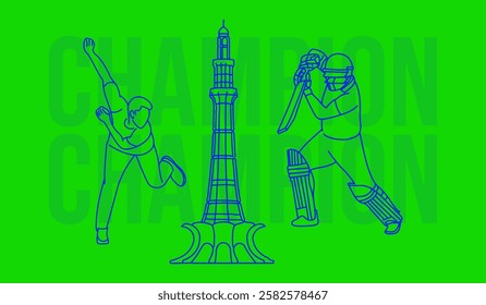 Champion Trophy 2025 Theme Minar Pakistan Combined with Cricket Batting and Bowling Pose Vector EPS