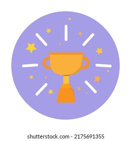 champion trophy. championship cup. prizes for winners. successful competitor. winning contestant. golden trophy cup with stars isolated on a violet background. vector flat design illustration.