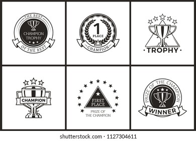 Champion trophy collection, best ever leader rewards badges set with headlines in ribbons circled bases, laurel branch isolated on vector illustration