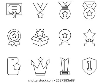 Champion trophy collection. Collection of icons with medals, ribbons and cups. Contains such icons as winner, success, best reward, medal, winner prize, champion and others. Vector illustration.