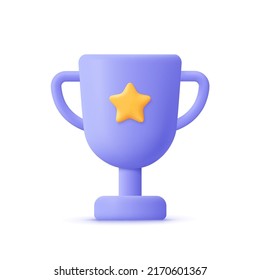 Champion Trophy Cup With Gold Star. Winner Prize, Sport Award, Success Concept. 3d Vector Icon. Cartoon Minimal Style.