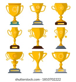 Champion trophy. Glossy golden trophy cup goblet vector icon set isolated. Champion triumph, winning, honor and contest symbol illustration. Prize reward for business achievement or sport competition