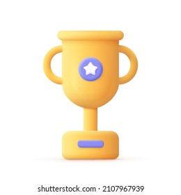 Champion trophy, gold cup. Winner prize, sport award, success concept. 3d vector icon. Cartoon minimal style.