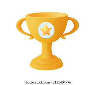 Champion trophy, gold cup. Winner prize, sport award, success concept. 3d vector icon. Cartoon minimal style. Winner cup on smartphone screen. Promotion discount present point, customer promo surprise