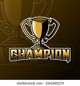 Champion trophy mascot gaming logo design vector template