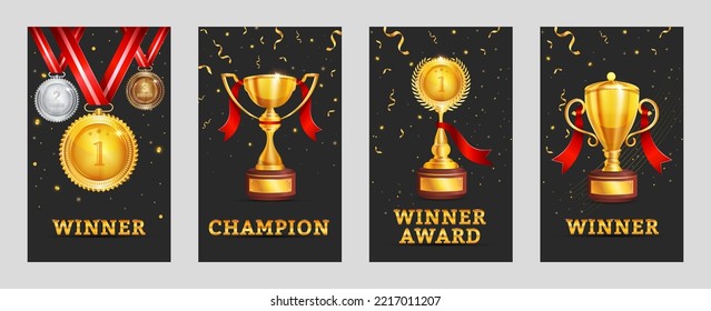 Champion trophy set gold - Championship winner trophy, gold medal award - Set of gold laurel wreath award 