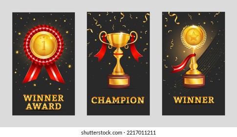 Champion trophy set gold - Championship winner trophy, gold medal award - Set of gold laurel wreath award 