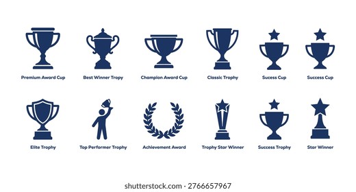 Champion Trophy solid icon set. Achievement Award, Champion Award, Cup Success Trophy, Success Cup, Top Performer Trophy, Best Winner Trophy, Success Cup, Star Winner