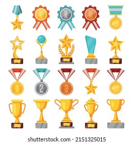 Champion trophy. Winner prize, medal, cup and ribbon. Vector gold and silver sport award set