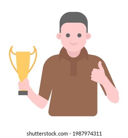 Champion in unique flat vector, showing sportsman with trophy 