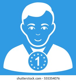Champion vector icon. Flat white symbol. Pictogram is isolated on a blue background. Designed for web and software interfaces.