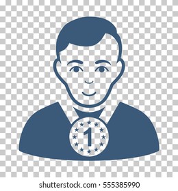 Champion vector icon. Illustration style is flat iconic blue symbol on a chess transparent background.