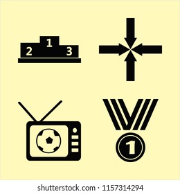 champion vector icons set. with medal, arrows center, winners podium and football tv match in set