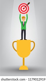 Champion, victory, Celebrating businessman holding winner cup trophy over his head. Business Success