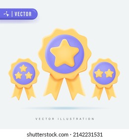 Champion and Winner Awards Medal Set with Star and Ribbon. First, Second, Thirth Place Trophy.   Premium Quality Label, Quality Guarantee Symbol.  3D Logo, Icon and Symbol Vector Illustration 