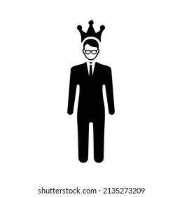 Champion, winner, crown man, leader icon. Black vector graphics.