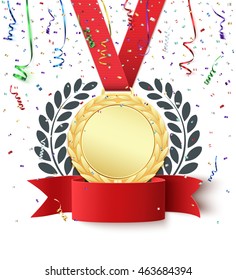 Campeón, ganador, fondo número uno con cinta roja, medalla de oro, rama de olivo y confeti en blanco. Cartel en blanco o Plantilla de folleto. Ilustración vectorial.