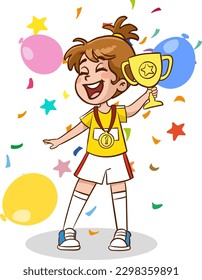 Champion or winner of sport competition girl cartoon character with gold medal award on neck, flat vector illustration isolated on white background.