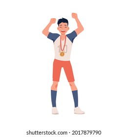 Champion or winner of sport competition man cartoon character with gold medal award on neck, flat vector illustration isolated on white background.
