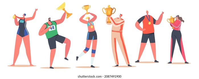 Champion, Winner, Victory Concept. Young Smiling Happy Sportsmen and Sportswomen Characters Holding Golden Trophy in Hands Feeling Glad to Win Competition. Isolated Cartoon People Vector Illustration