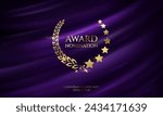 Champion wreath of laurel twig and stars with place for text realistic vector illustration. Honor to winner 3d model on purple fabric background