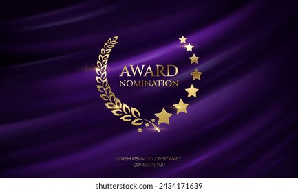 Champion wreath of laurel twig and stars with place for text realistic vector illustration. Honor to winner 3d model on purple fabric background