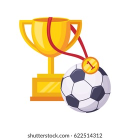 Champions Cup, Ball And Medal, Set Of School And Education Related Objects In Colorful Cartoon Style