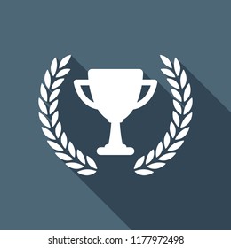 Champions cup with laurel wreath. Simple icon. White flat icon with long shadow on background