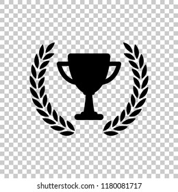 Champions cup with laurel wreath. Simple icon. On transparent background.