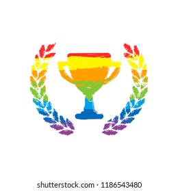 Champions cup with laurel wreath. Simple icon. Drawing sign with LGBT style, seven colors of rainbow (red, orange, yellow, green, blue, indigo, violet