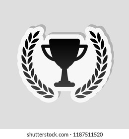 Champions cup with laurel wreath. Simple icon. Sticker style with white border and simple shadow on gray background