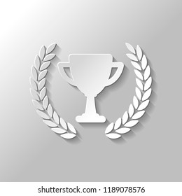 Champions cup with laurel wreath. Simple icon. Paper style with shadow on gray background