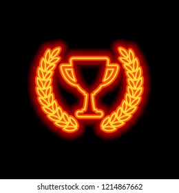 Champions cup with laurel wreath. Simple icon. Orange neon style on black background. Light icon